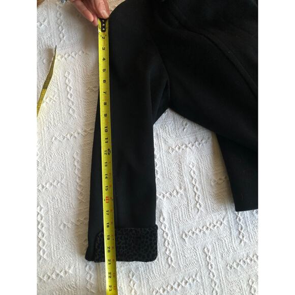 VTG 80s Alorna Forstmann Black Wool Peacoat Medium Cheetah Print Trim Mob Wife - Picture 12 of 12